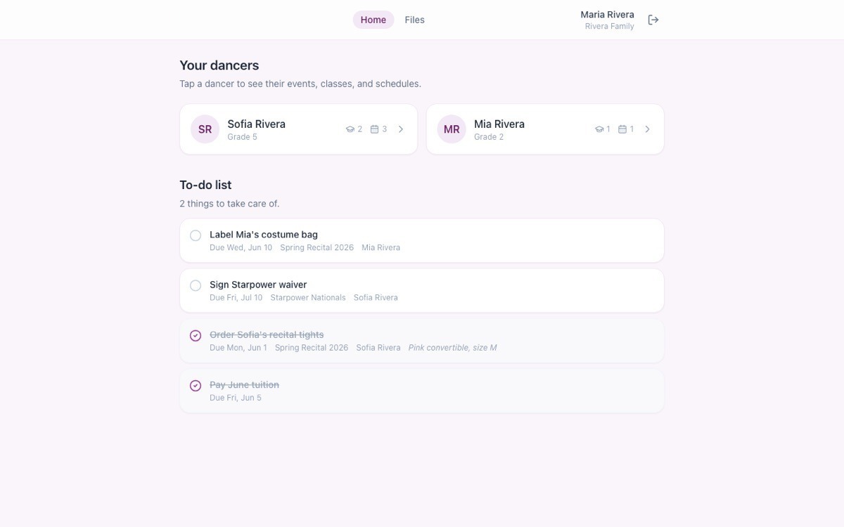 Dance-studio parent portal dashboard